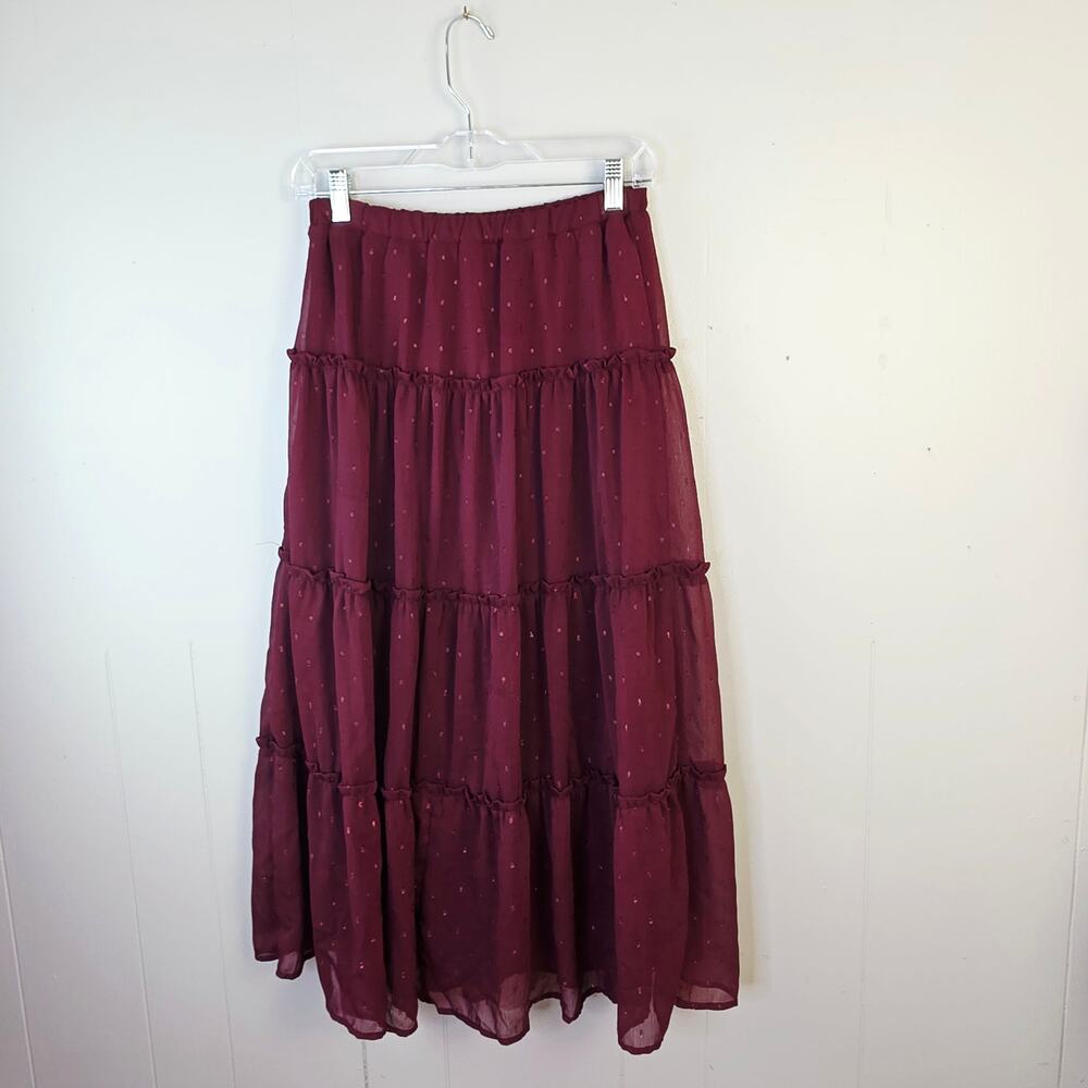 Altar'd State Maxi Skirt XS Burgundy Tiered Boho Cottagecore Westerm Cowgirl - Picture 3 of 11